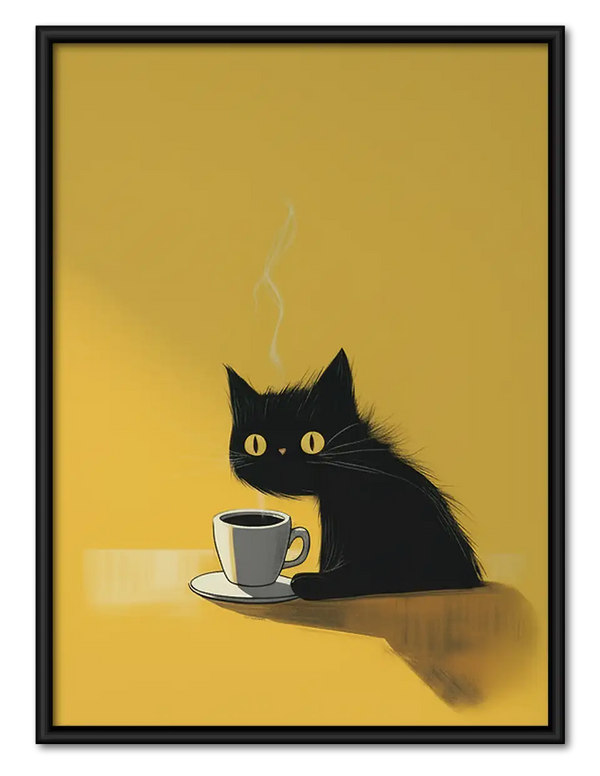 Minimal Black Cat Sipping Coffee Wall Art