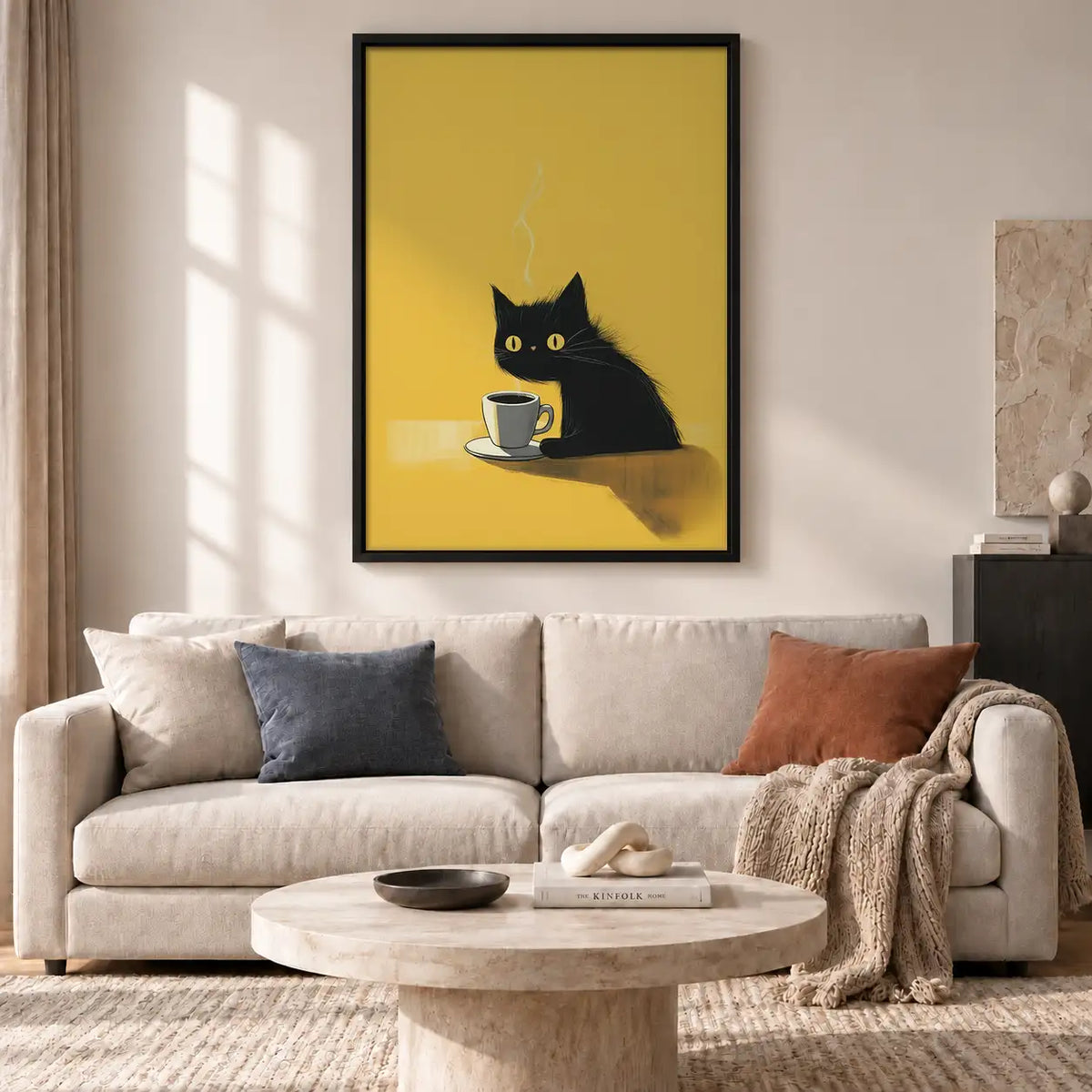 Minimal Black Cat Sipping Coffee Wall Art 2