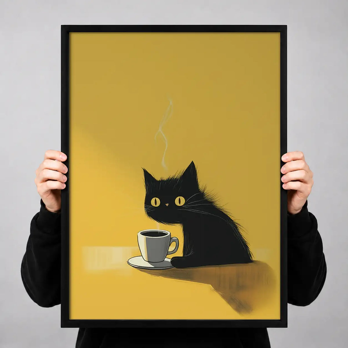 Minimal Black Cat Sipping Coffee Wall Art 3