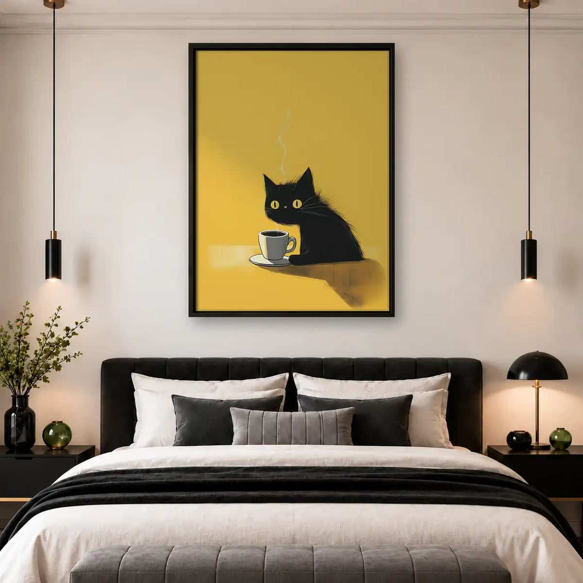 Minimal Black Cat Sipping Coffee Wall Art 4