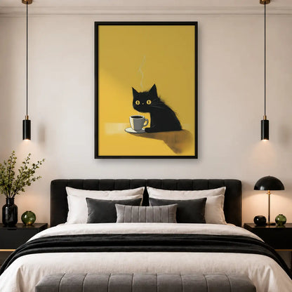 Minimal Black Cat Sipping Coffee Wall Art 4