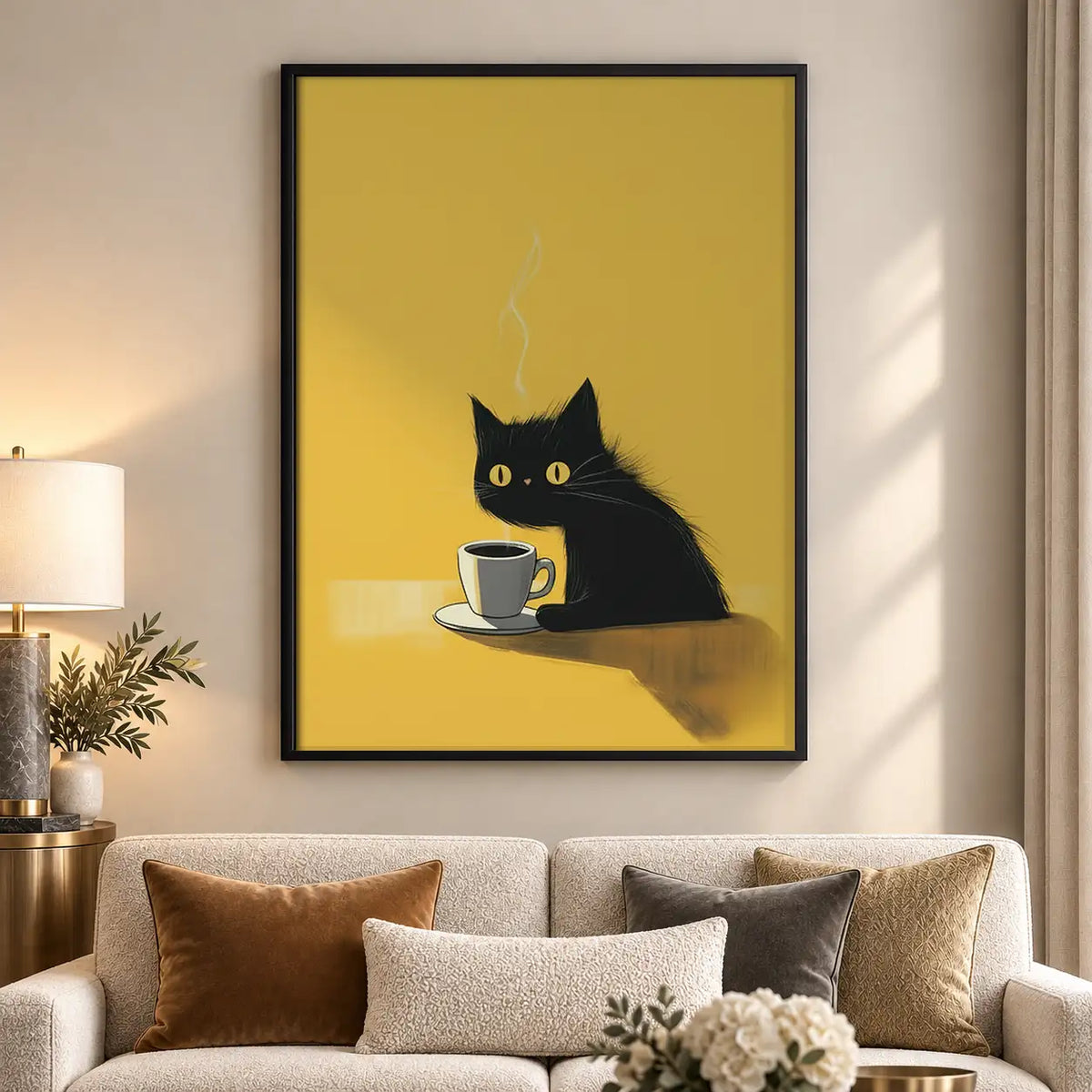 Minimal Black Cat Sipping Coffee Wall Art 5
