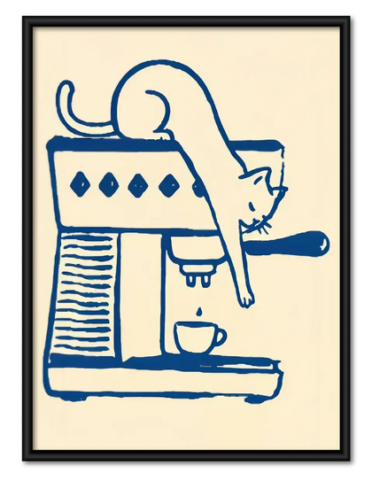 Minimal Cat Coffee Machine Line Art