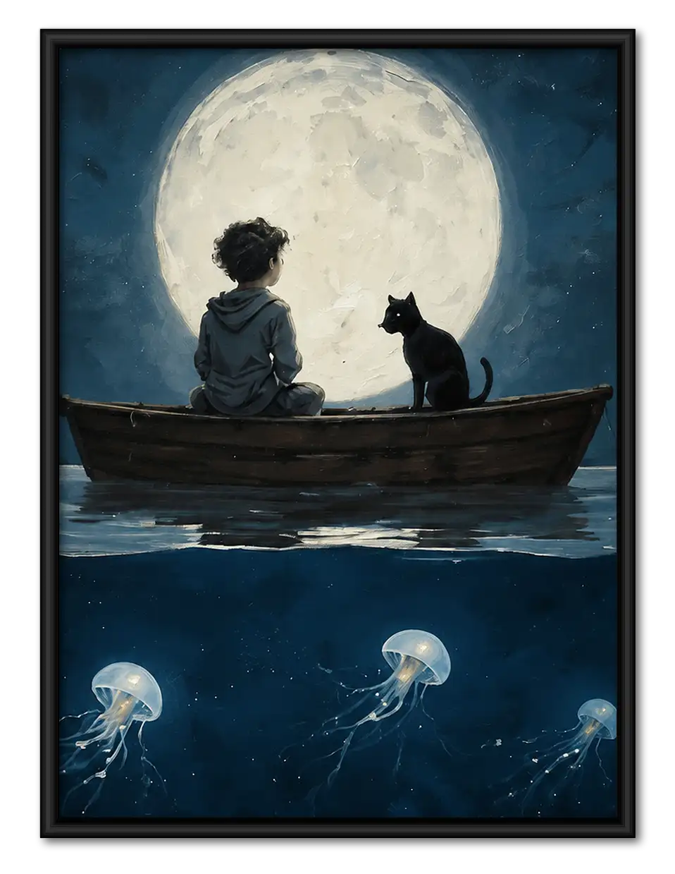 Moonlit Boat with Cat and Jellyfish Wall Art 1