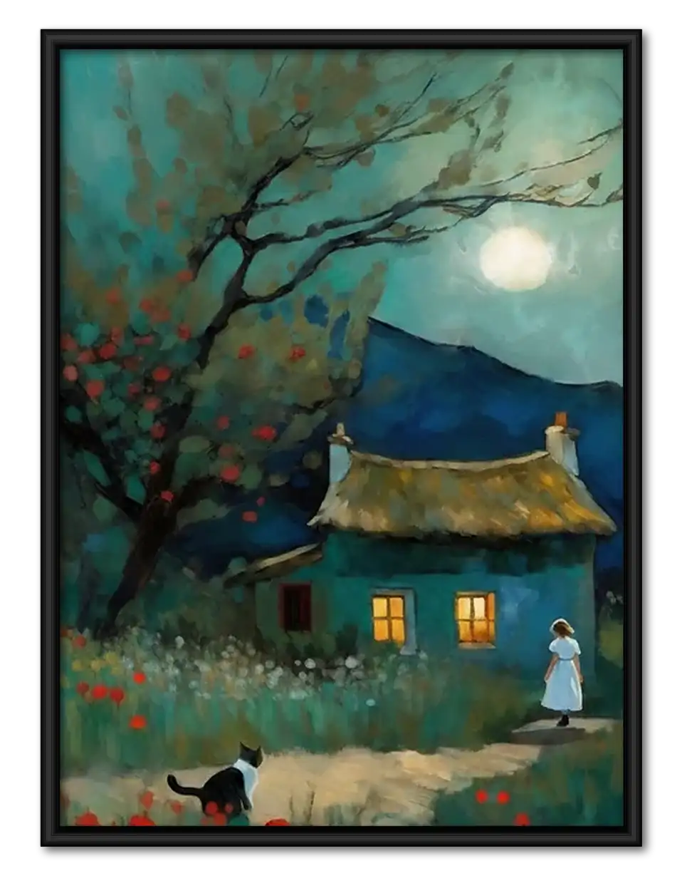 Moonlit Cottage Beneath Twisted Tree Wall Art 1