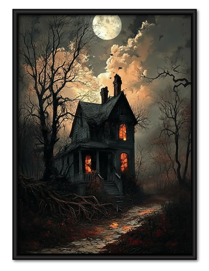 Moonlit Haunted House on Hill Wall Art 1