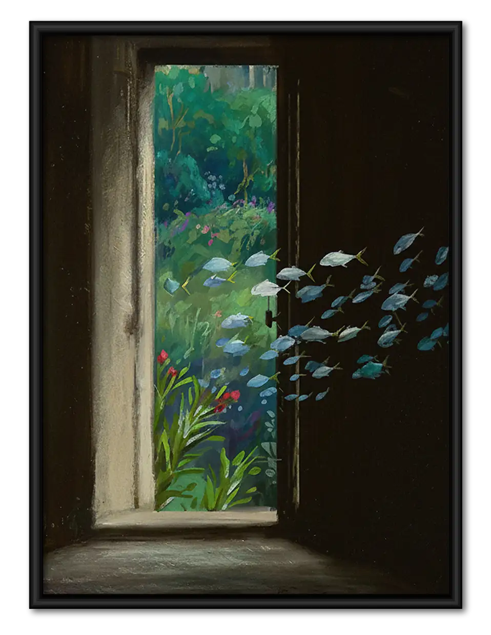 Open Doorway to Lush Green Garden Wall Art 1