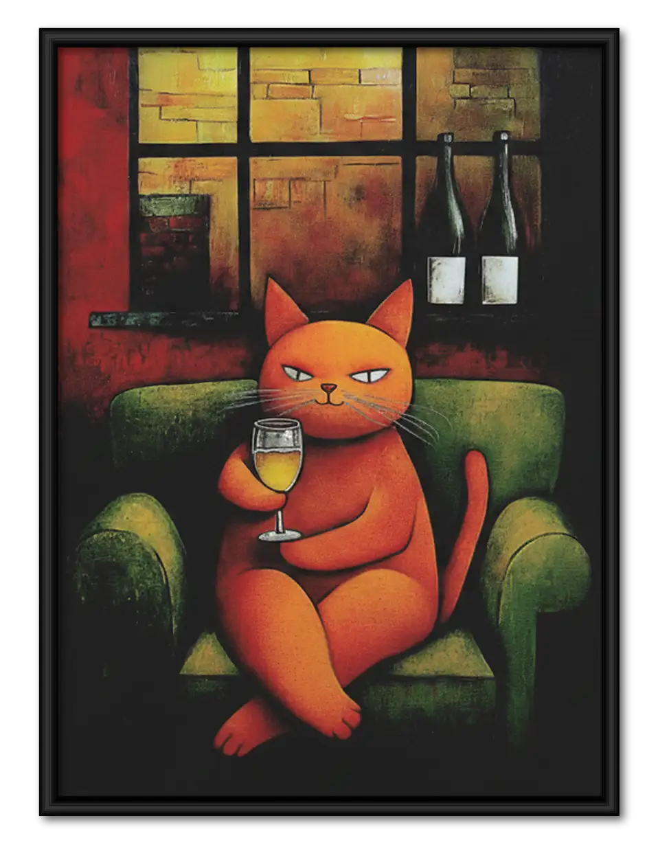 Orange Cat Drinking Wine in Lounge Wall Art 1