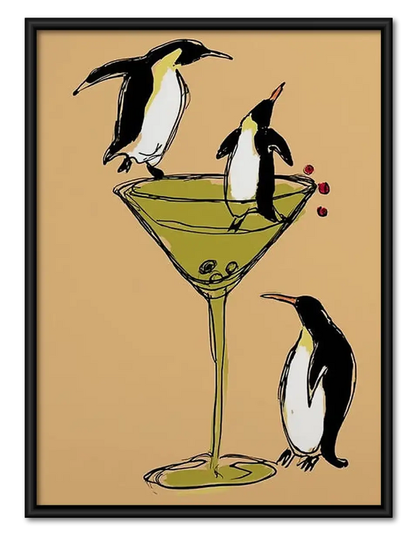 Penguins Balancing on Martini Glass Wall Art