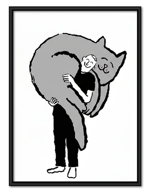 Person Hugging Giant Black Cat Wall Art