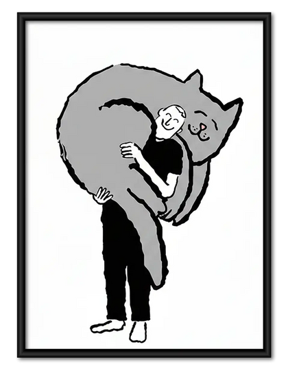 Person Hugging Giant Black Cat Wall Art