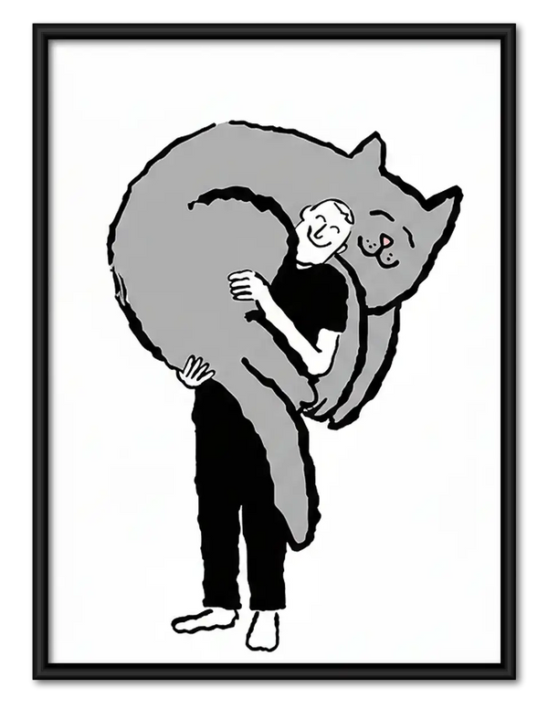 Person Hugging Giant Black Cat Wall Art