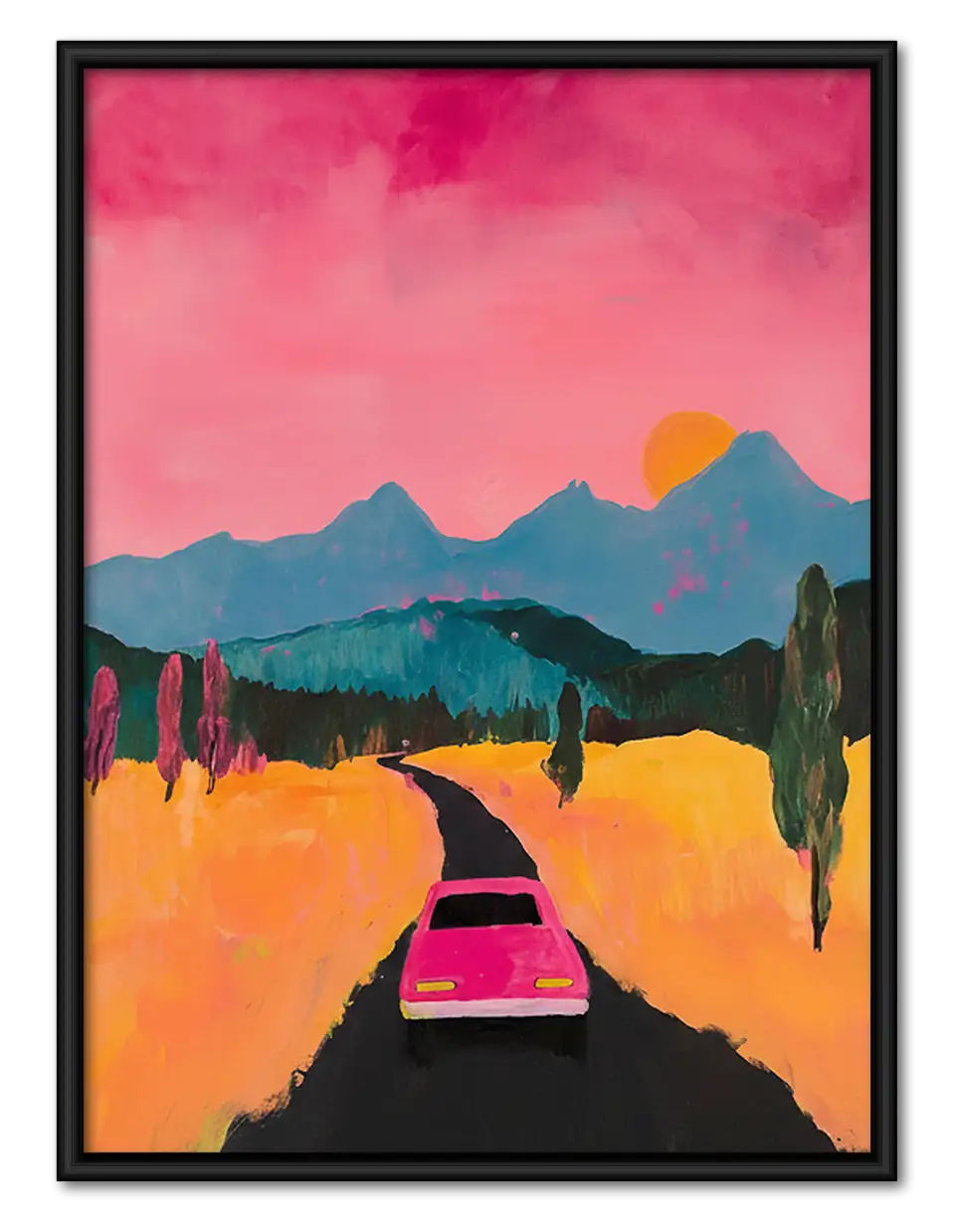Pink Car Driving Toward Mountain Sunset Wall Art 1
