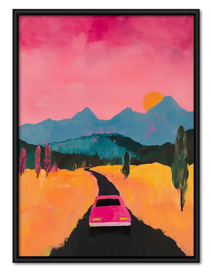 Pink Car Driving Toward Mountain Sunset Wall Art
