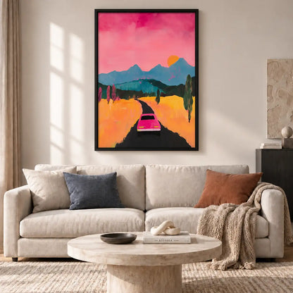 Pink Car Driving Toward Mountain Sunset Wall Art 2
