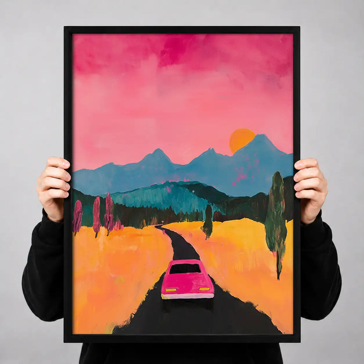 Pink Car Driving Toward Mountain Sunset Wall Art 3
