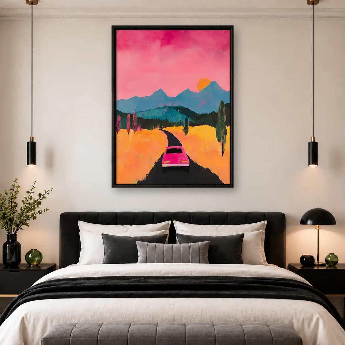 Pink Car Driving Toward Mountain Sunset Wall Art 4
