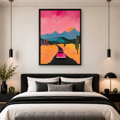 Pink Car Driving Toward Mountain Sunset Wall Art 4