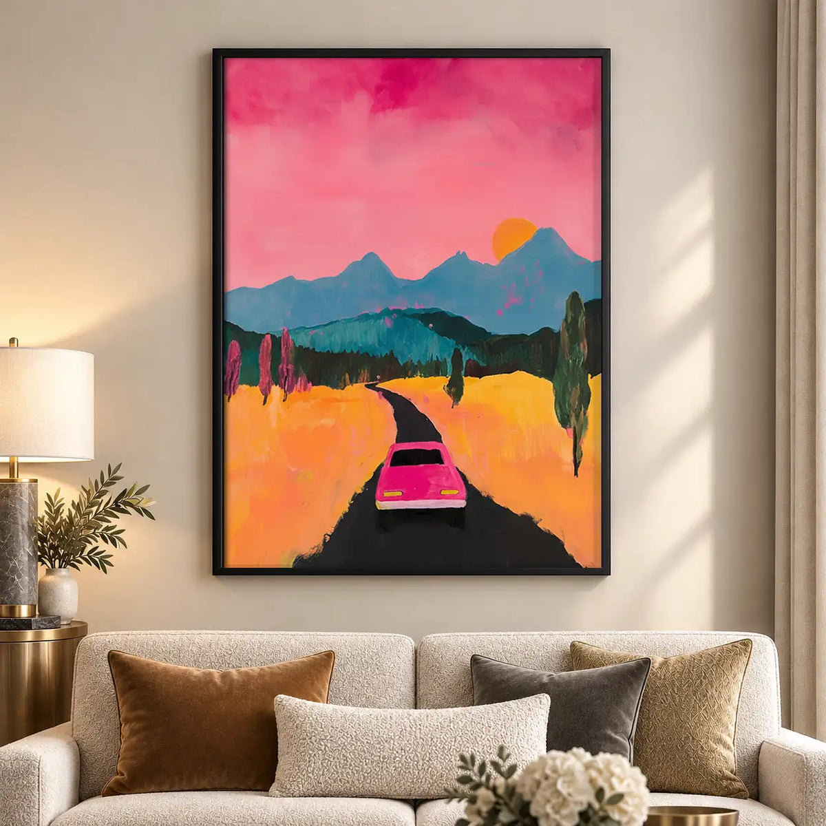 Pink Car Driving Toward Mountain Sunset Wall Art 5