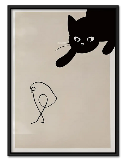 Playful Black Cat and Balloon Line Art Wall Art 1