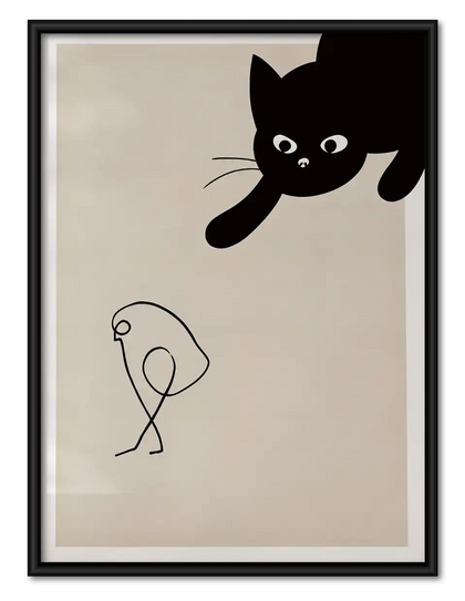 Playful Black Cat and Balloon Line Art Wall Art