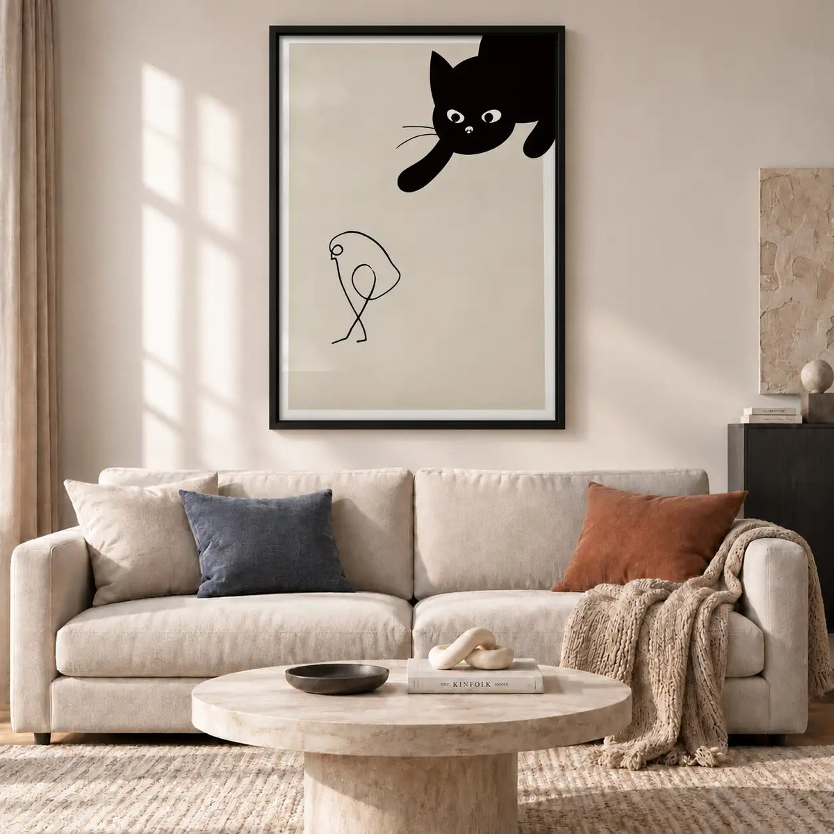 Playful Black Cat and Balloon Line Art Wall Art 2