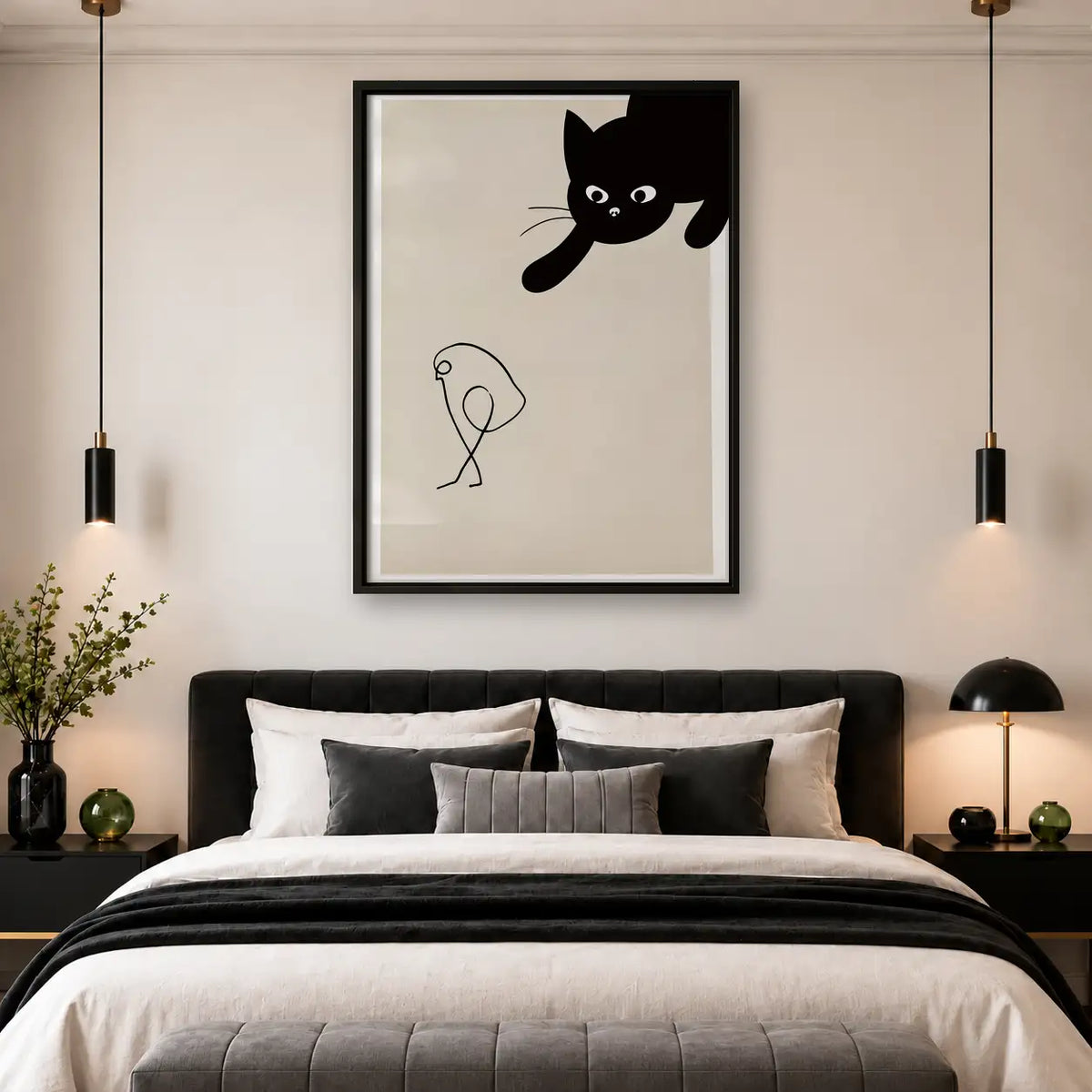 Playful Black Cat and Balloon Line Art Wall Art 4