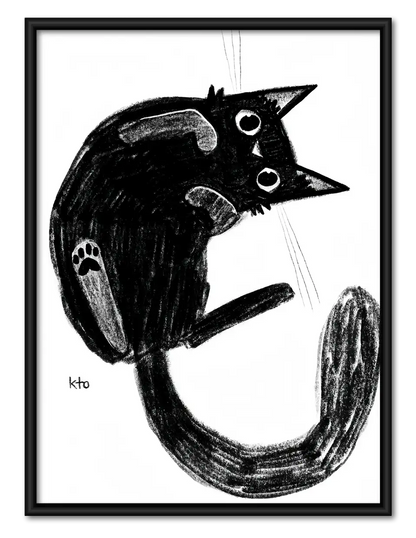 Playful Black Cat Brush Sketch Wall Art 1