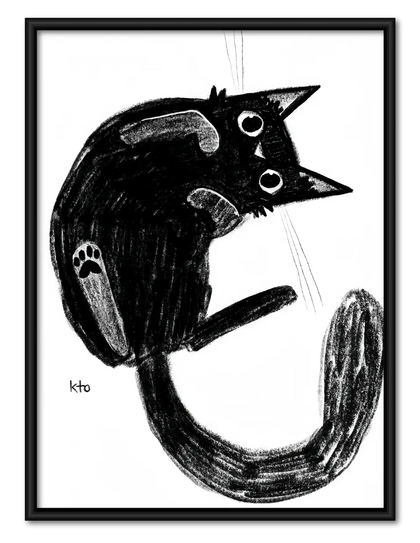 Playful Black Cat Brush Sketch Wall Art