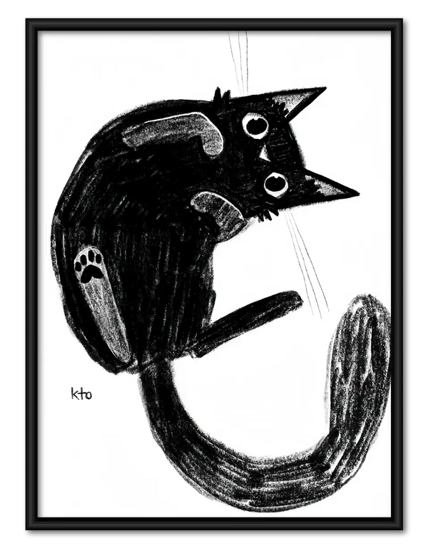 Playful Black Cat Brush Sketch Wall Art