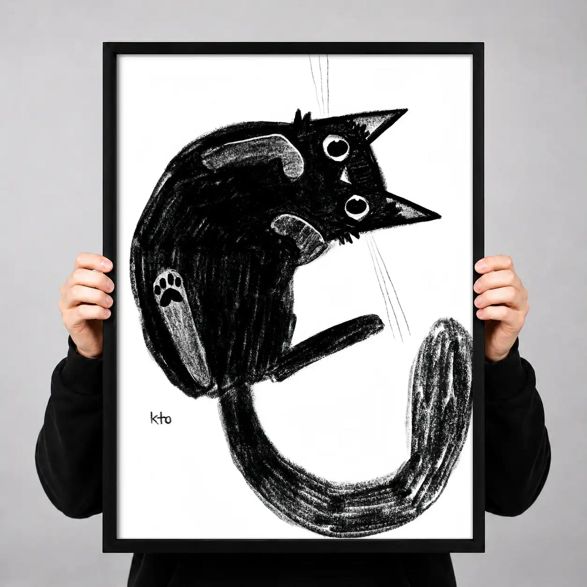 Playful Black Cat Brush Sketch Wall Art 3