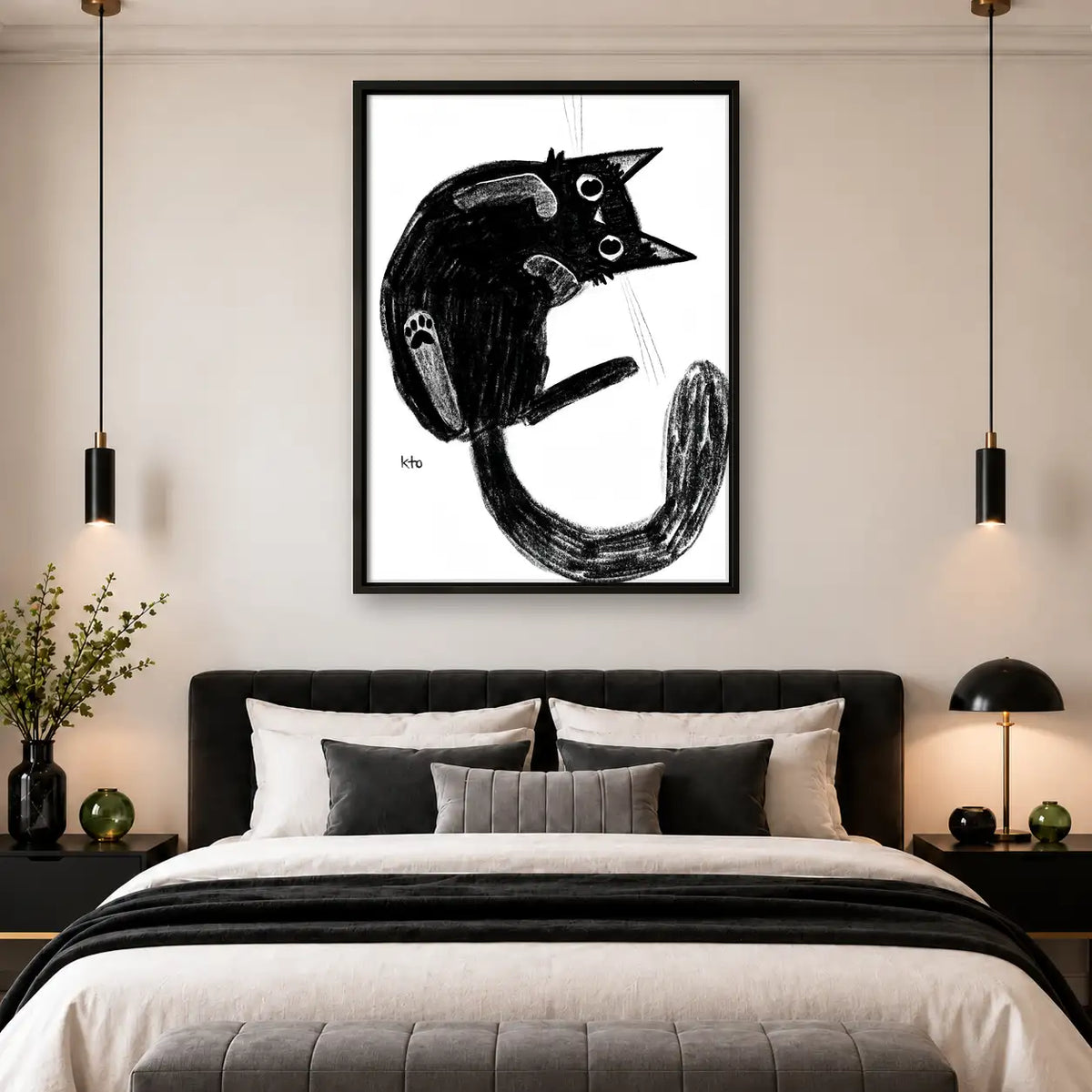 Playful Black Cat Brush Sketch Wall Art 4