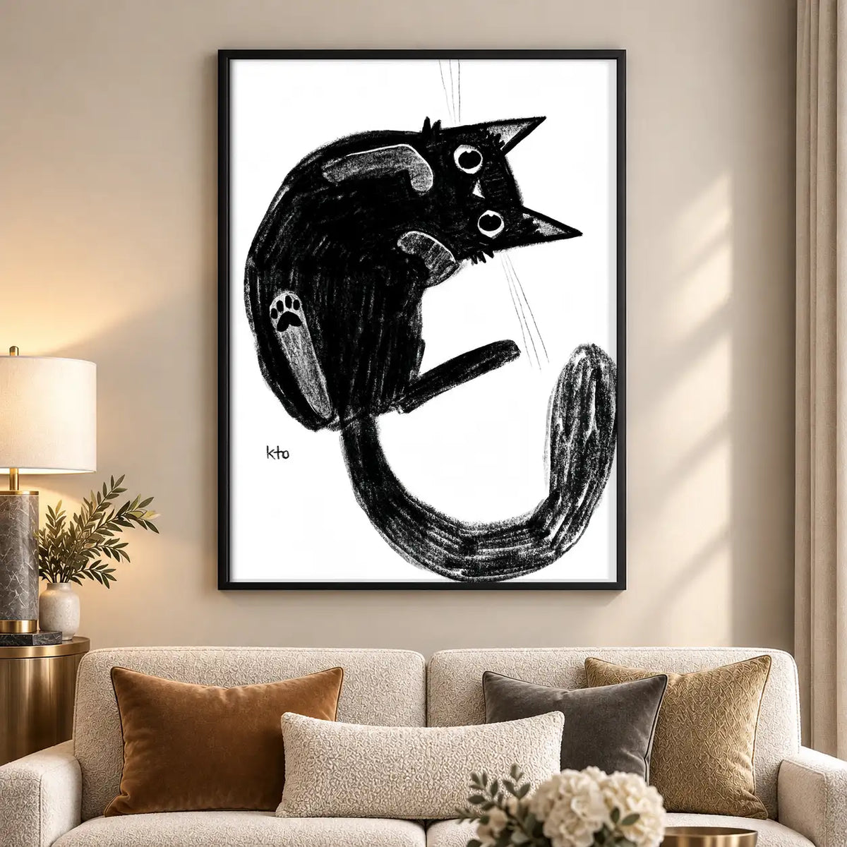 Playful Black Cat Brush Sketch Wall Art 5