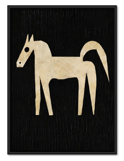 Primitive White Horse on Black Wall Art 1