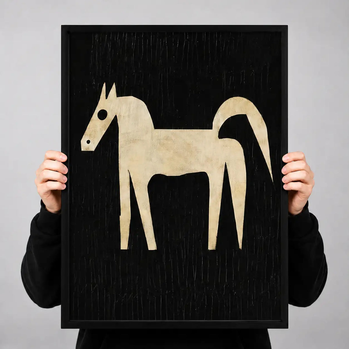 Primitive White Horse on Black Wall Art 3