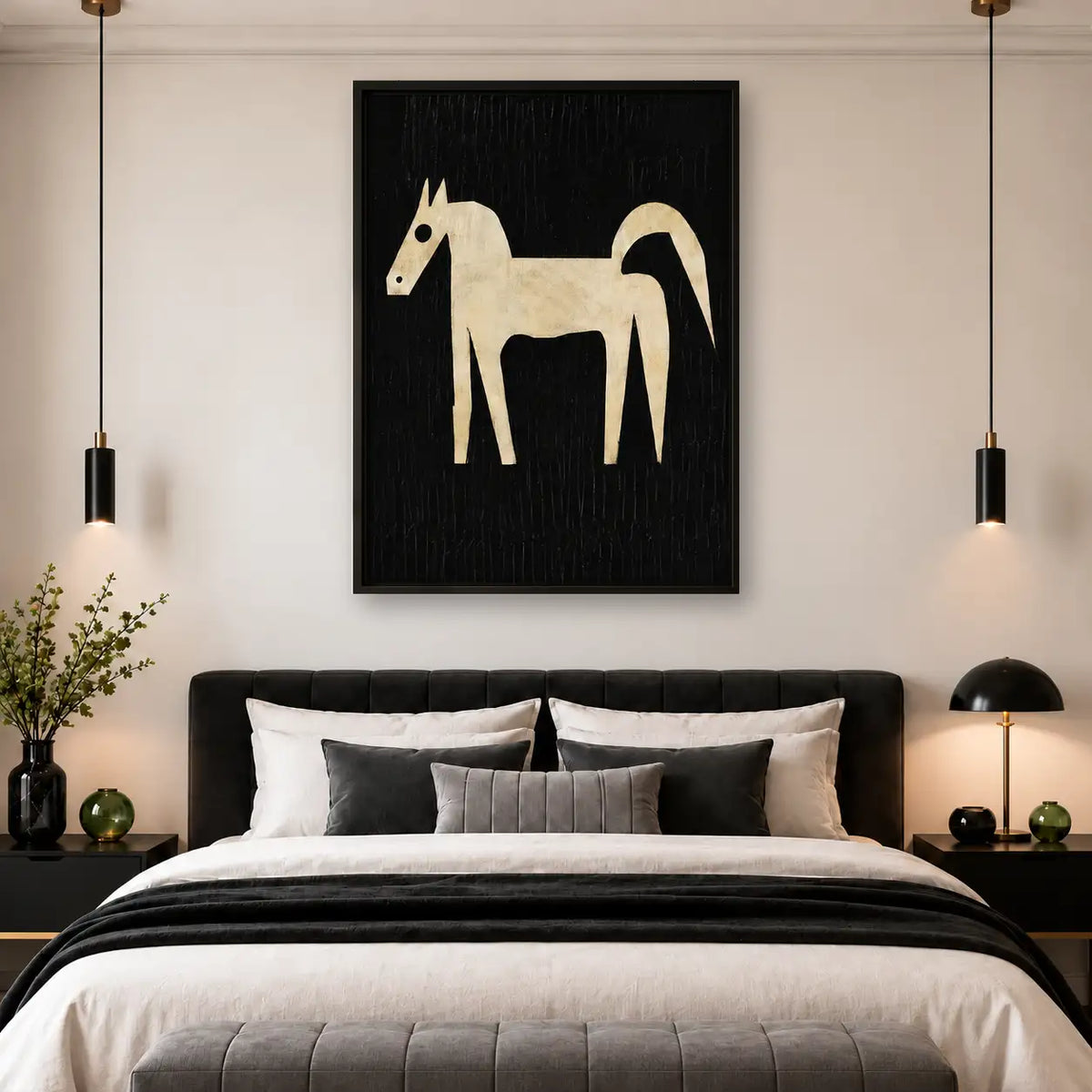 Primitive White Horse on Black Wall Art 4