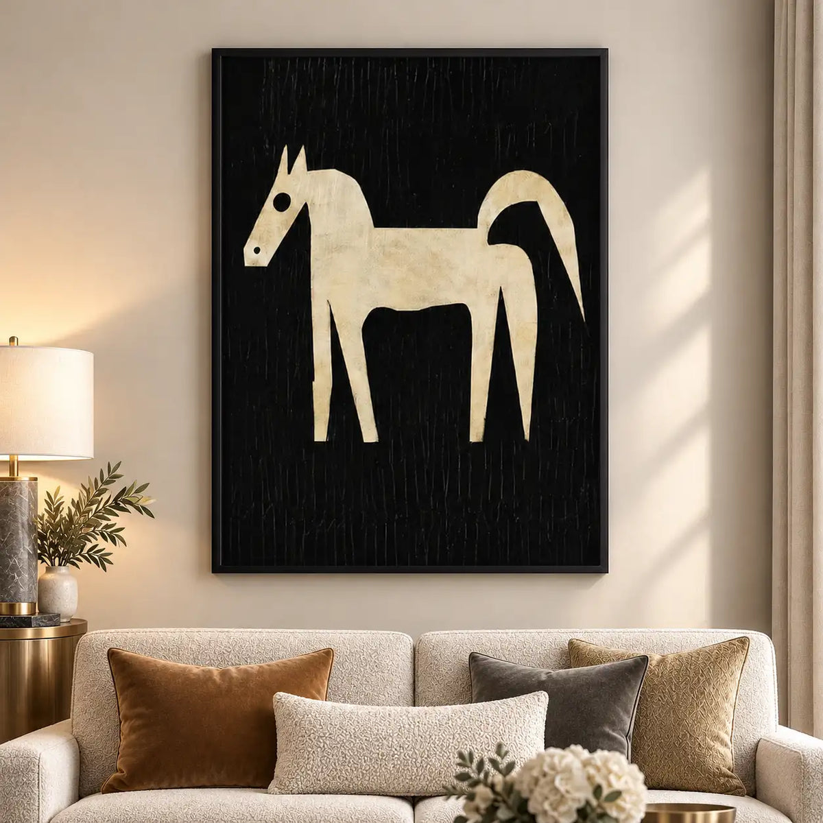 Primitive White Horse on Black Wall Art 5