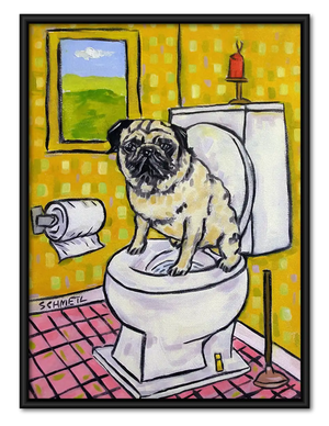 Pug Sitting on Bathroom Toilet Wall Art