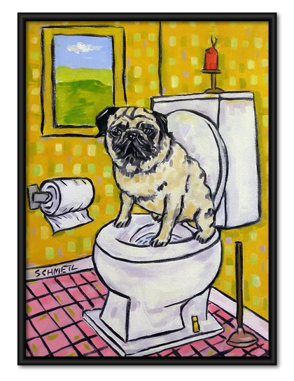 Pug Sitting on Bathroom Toilet Wall Art