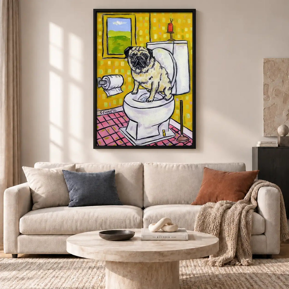 Pug Sitting on Bathroom Toilet Wall Art 2
