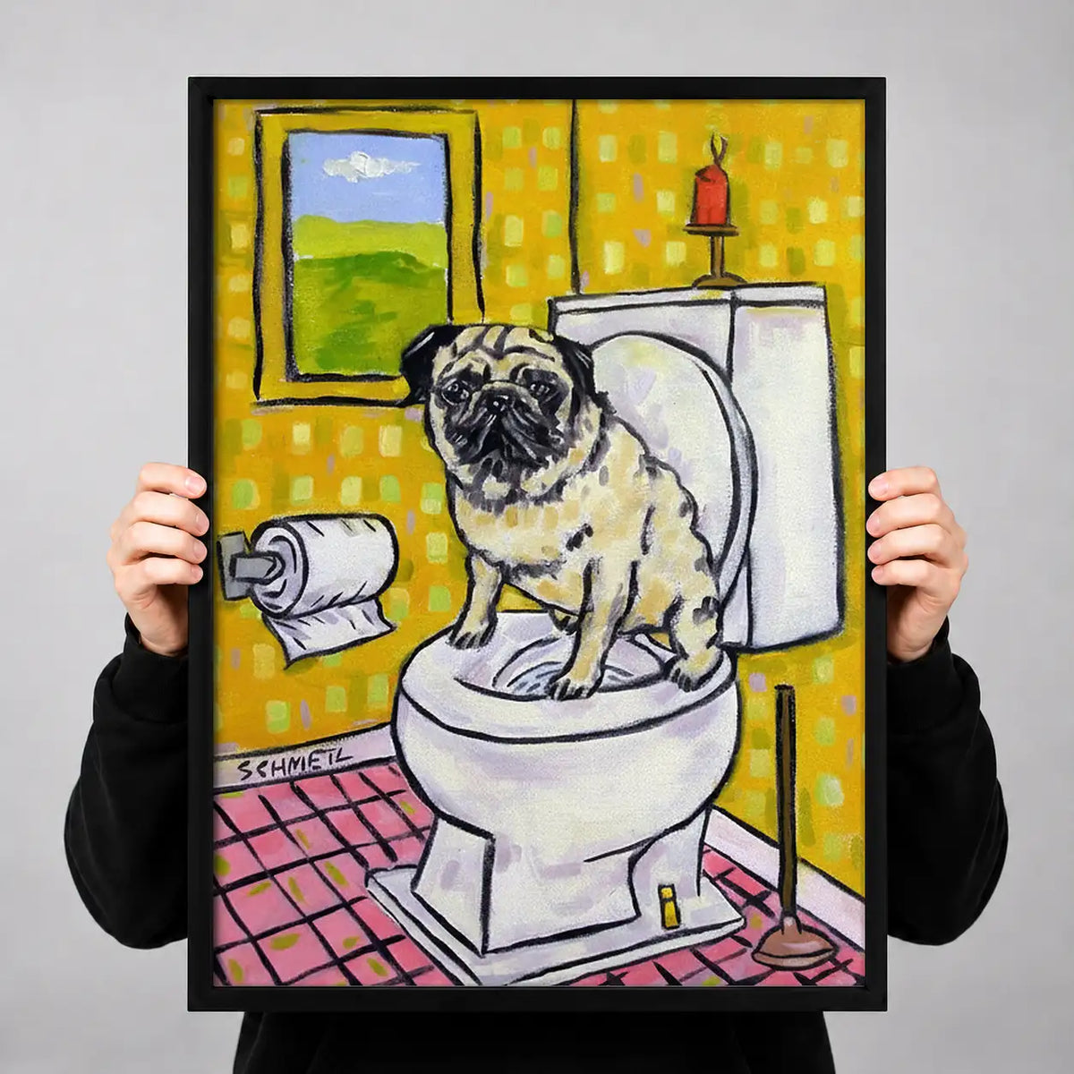 Pug Sitting on Bathroom Toilet Wall Art 3