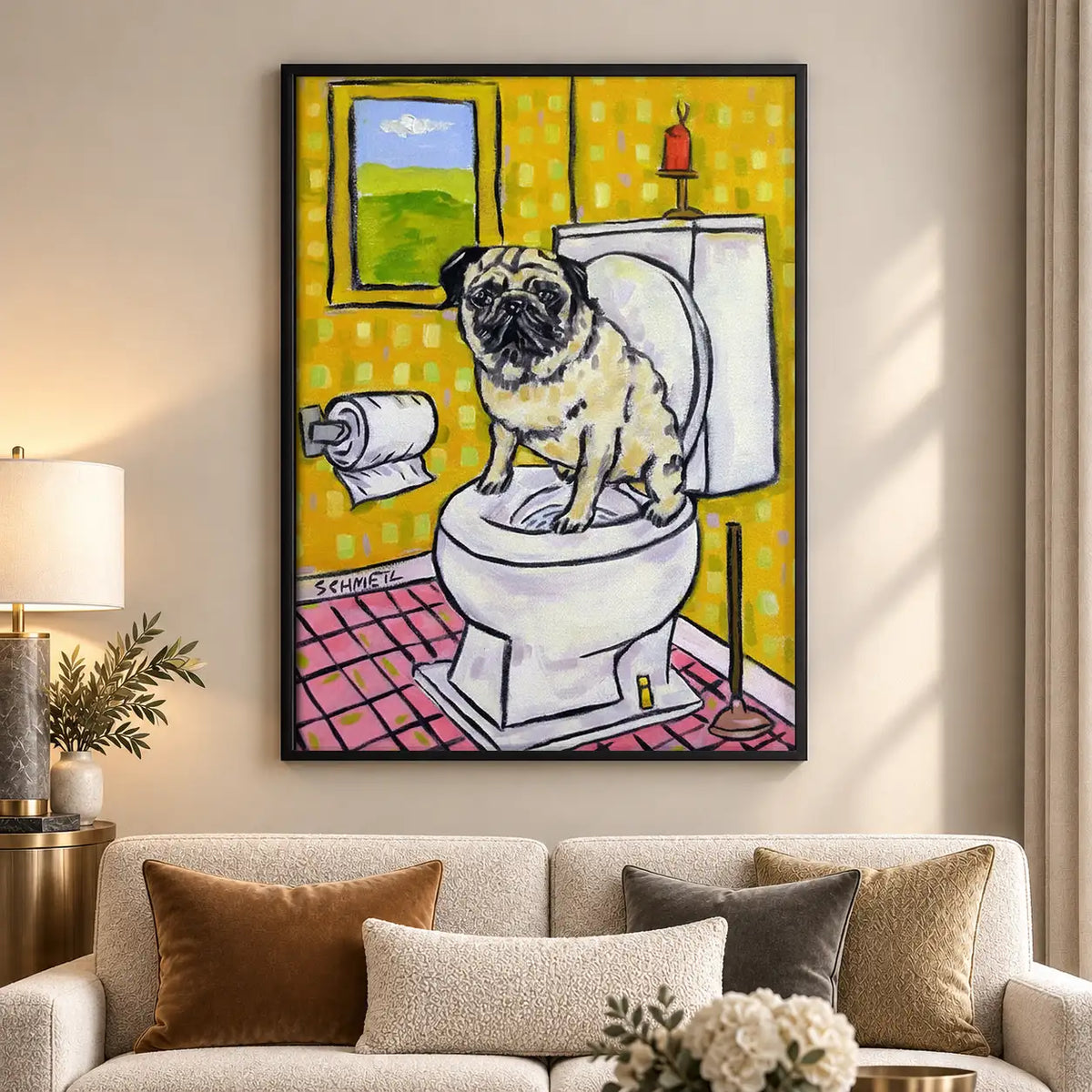 Pug Sitting on Bathroom Toilet Wall Art 5