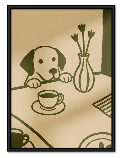 Puppy at Tea Table Line Art Wall Art