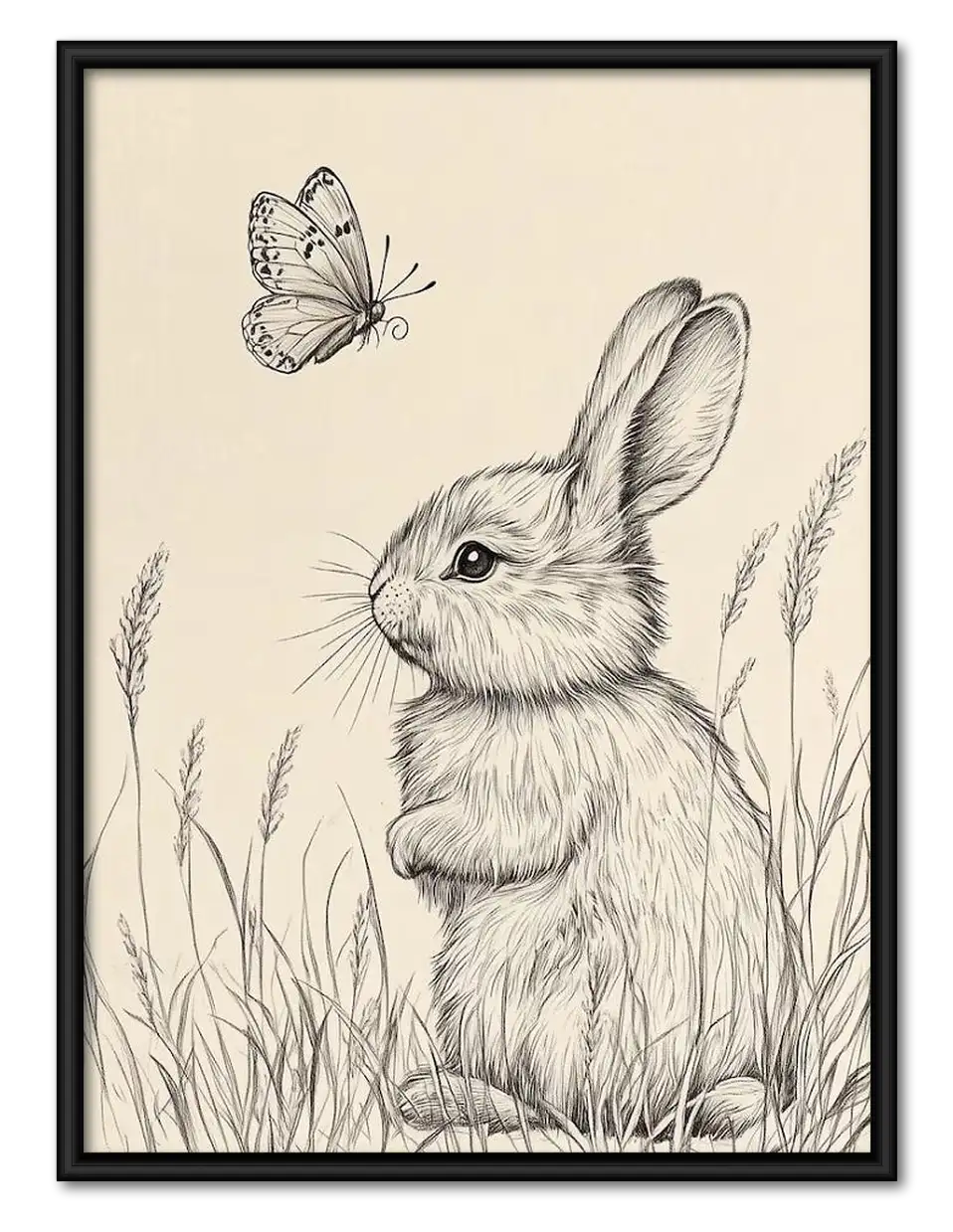 Rabbit and Butterfly Pencil Study Wall Art 1