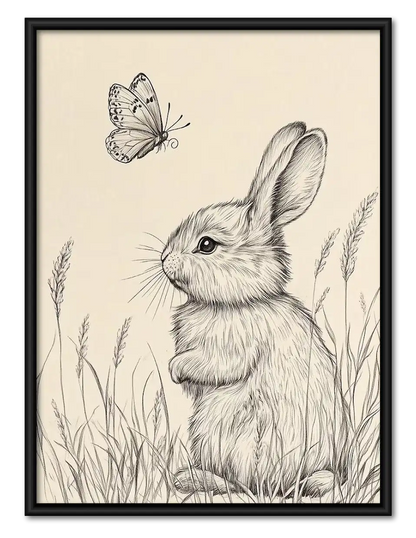 Rabbit and Butterfly Pencil Study Wall Art 1