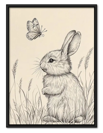Rabbit and Butterfly Pencil Study Wall Art