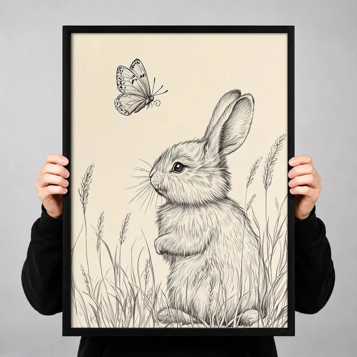Rabbit and Butterfly Pencil Study Wall Art 3