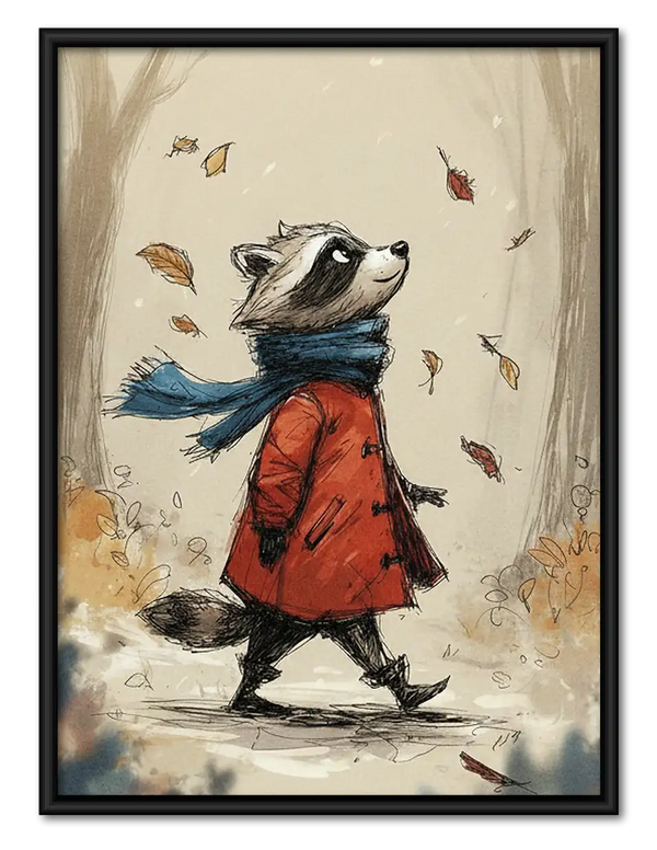 Raccoon Walking Through Autumn Wind Wall Art