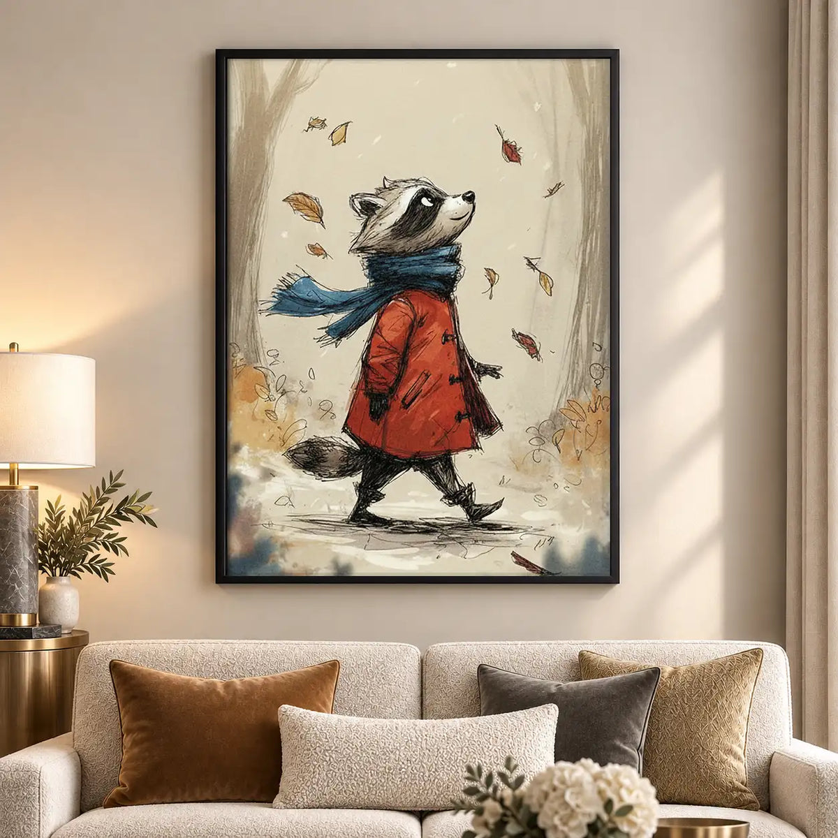 Raccoon Walking Through Autumn Wind Wall Art 5