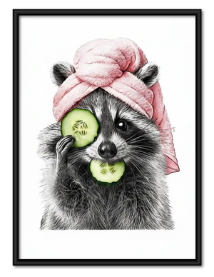 Raccoon with Pink Towel and Cucumbers Wall Art